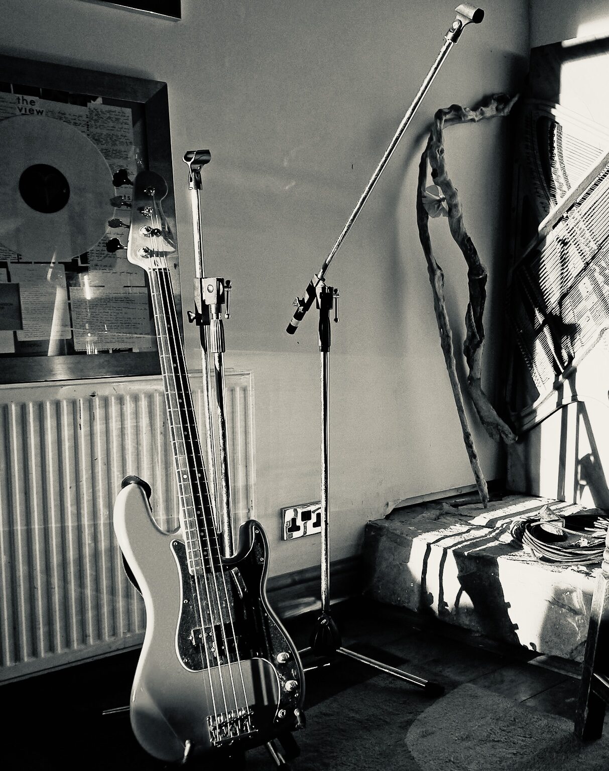 Bass guitars and mic stands in the live room at TPot Studio, with The View record on the wall