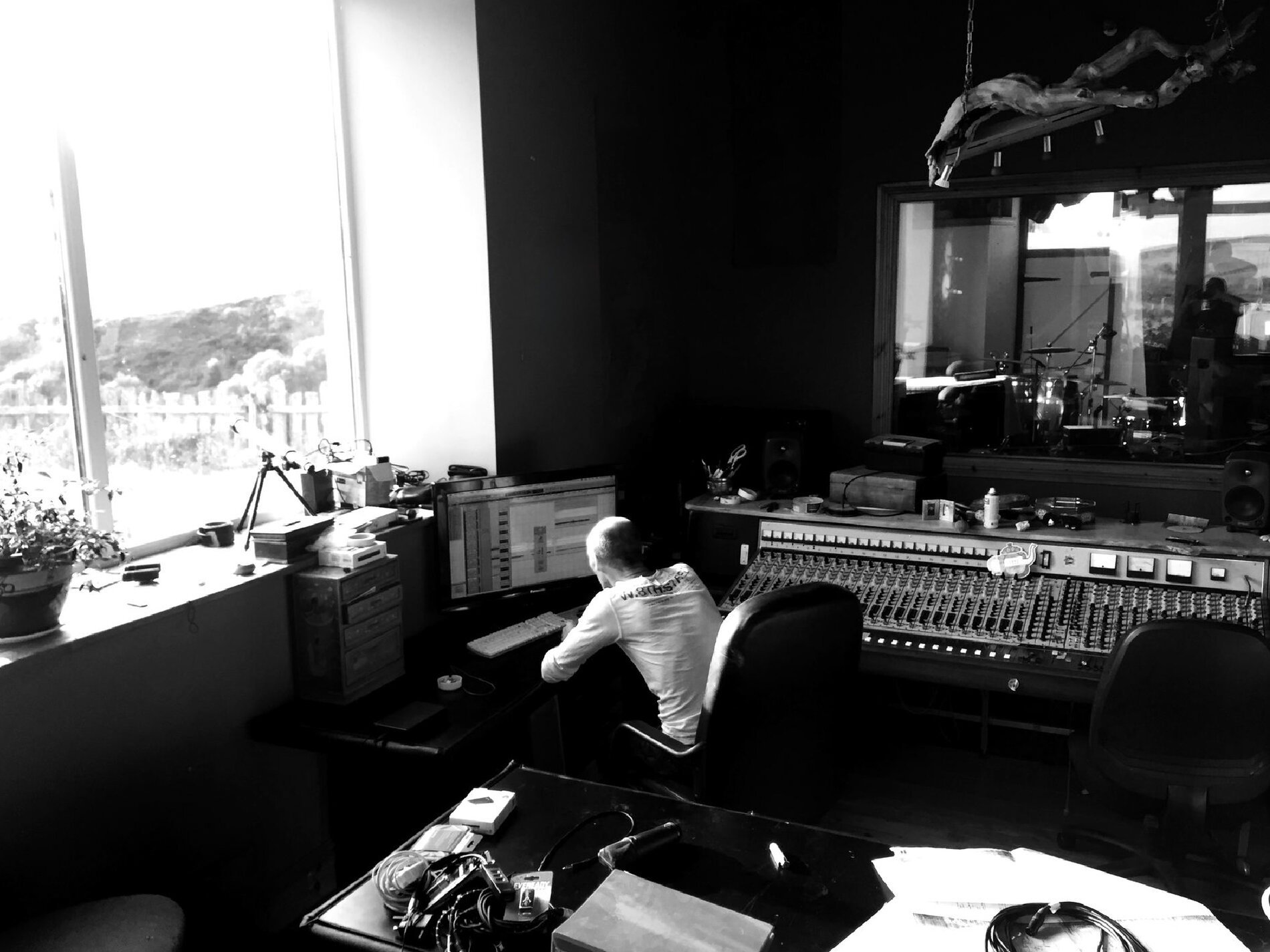 The control room at TPot Recording Studios, looking out over the Perthshire hills